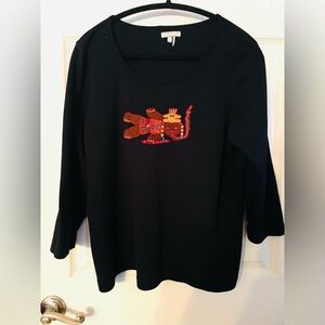 Peruvian Connection Black Pima Cotton Top 3/4 Length Sleeve with Embroidery